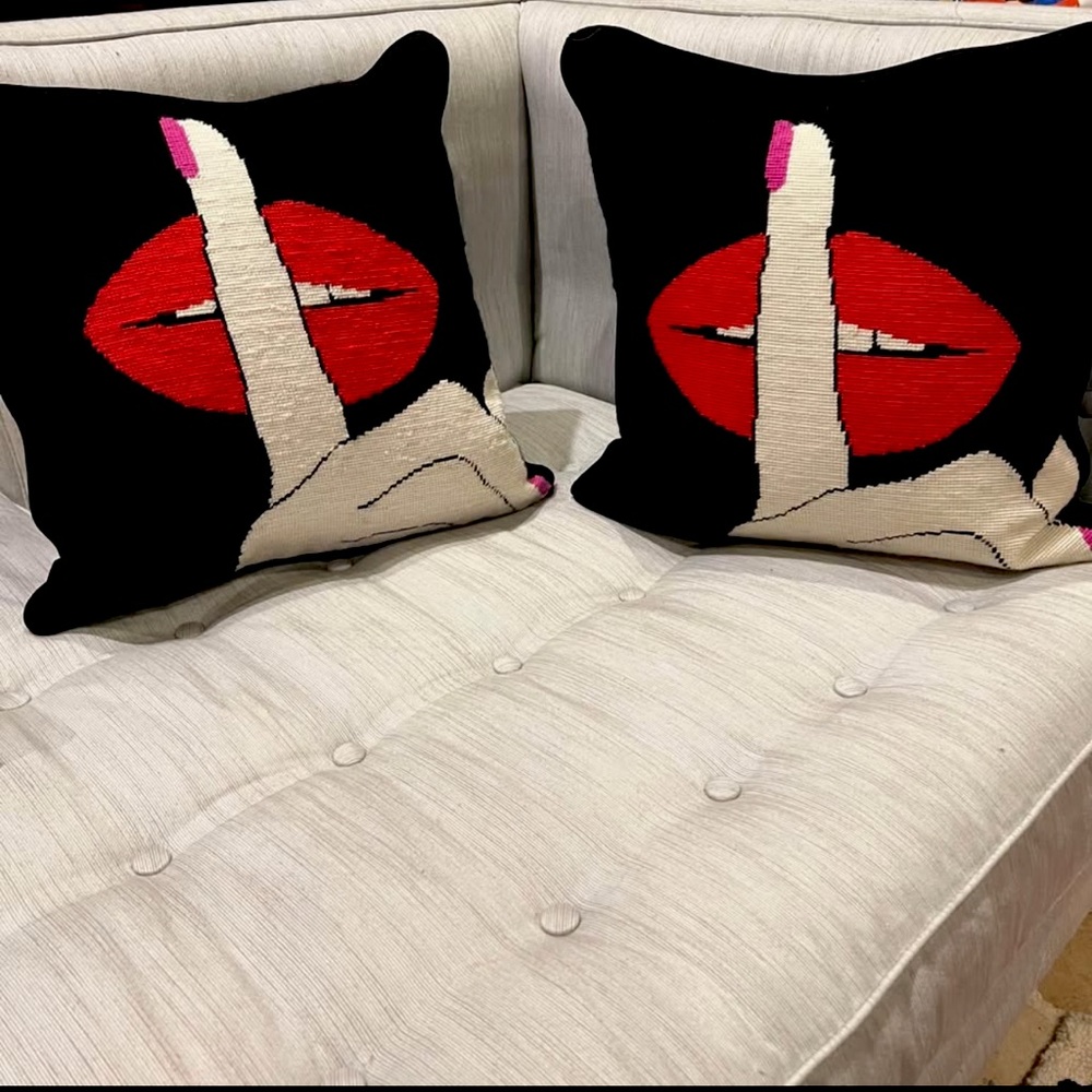 Jonathan Adler Lips Hush Needlepoint Throw Pillow